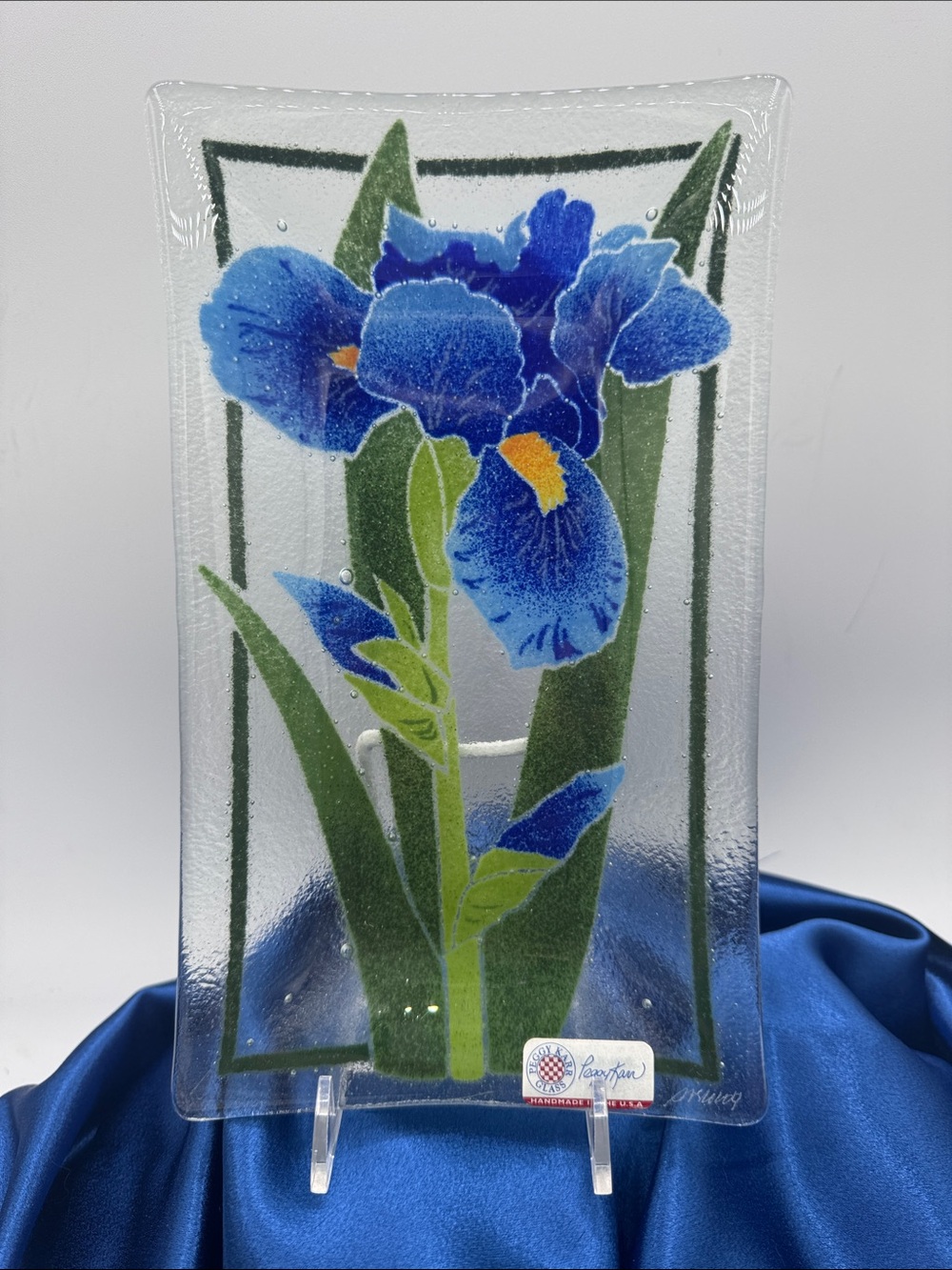 Blue Iris Fused Glass Tray/Dish by Peggy Karr NWT